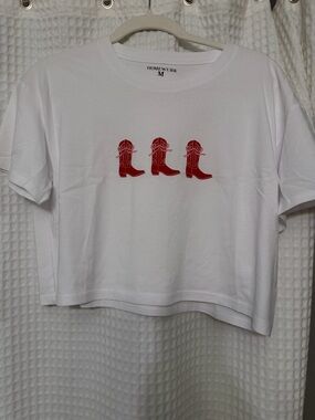 White Crop Tee with Red Cowboy Boot Graphic